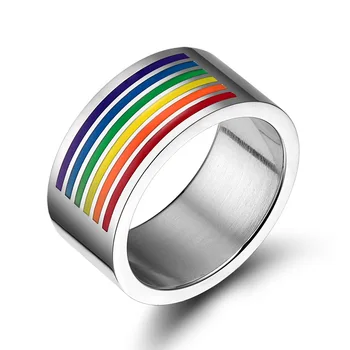 10mm Széles Szivárvány Gyűrűk Meleg LMBT Leszbikus Egyenlőség Esküvői Zenekarok Titán Gyűrű Ékszer Rozsdamentes Acél Nő Férfi Anillos 0