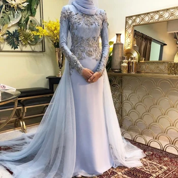 Dubai Kaftán Hosszú Ujjú Estélyi Ruhák 2021 Virágok Gyöngyös Csipke Kék Arab Muszlim Hidzsáb Hivatalos Ruhák Köntöst, De Estély Femme
