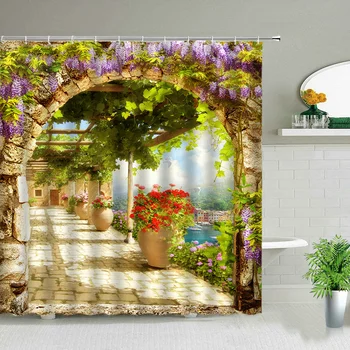 Európai Stílusú Kert Óceán Táj Zuhanyzó Függöny Virág, Növény, Tengeri Táj, Fürdőszoba Képernyő Vízálló Szövet Lógó Függöny 1