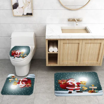 Mikulás zuhanyfüggöny Poliészter Vízálló Fürdőszoba Szőnyeg Wc Fedelét zuhanyfüggöny 4db/Szett, Karácsonyi Dekoráció 1