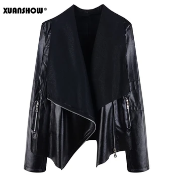XUNASHOW Divat Női Kabát Kabát Splice Hosszú Ujjú Zip Fel Műbőr Női Kabát, PU Bőr Kabát Moto Motoros Outwear 2