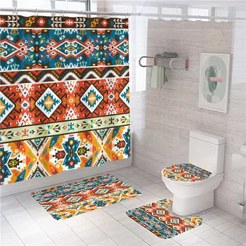 Csehország Geometriai Nyomtatás zuhanyfüggöny Meghatározott Fürdő Szőnyeg, Szőnyegek 4db Fürdőszoba Függöny kampós Talapzat Wc Szőnyeg Fedél Fedél Modern 2